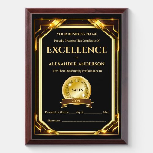 Certificate of Excellence SALES gold editable work Award Plaque