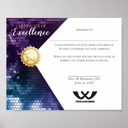 Certificate Of Excellence Staff Employee Award Poster