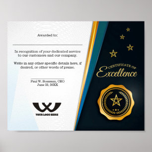 Certificate of excellence staff employee award poster