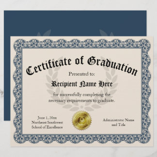 Certificate of Graduation Blue Customizable 8.5x11