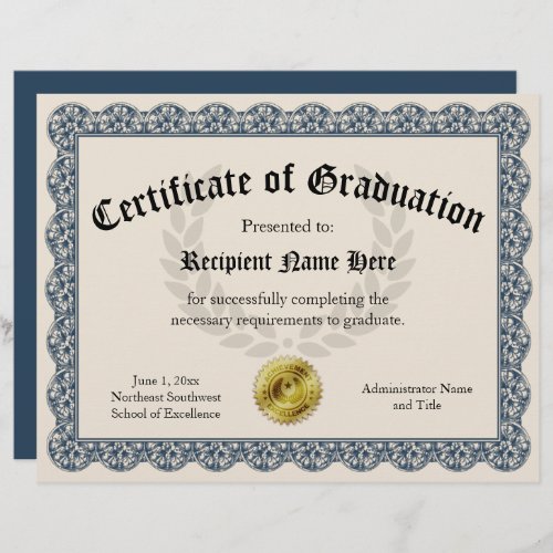 Certificate of Graduation Blue Customizable 85x11