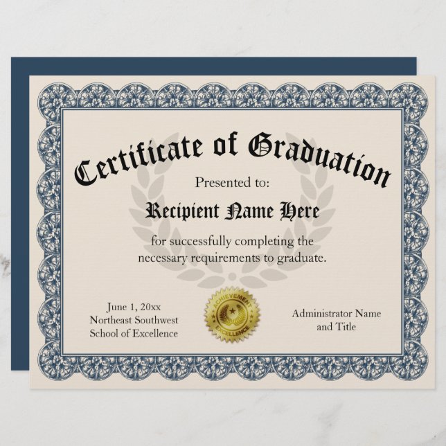 Certificate of Graduation Blue Customizable 8.5x11 (Front/Back)
