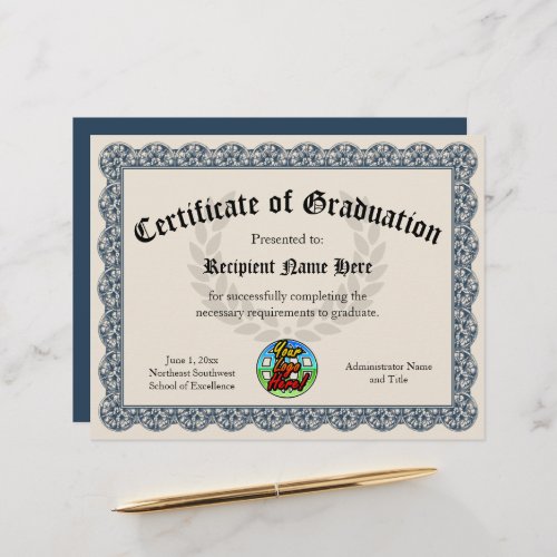 Certificate of Graduation Blue Customizable Logo