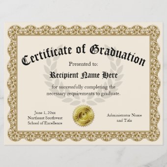 Certificate Of Graduation Gold Customizable 8.5x11 