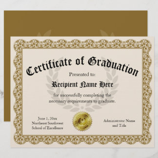 Certificate of Graduation Gold Customizable 8.5x11