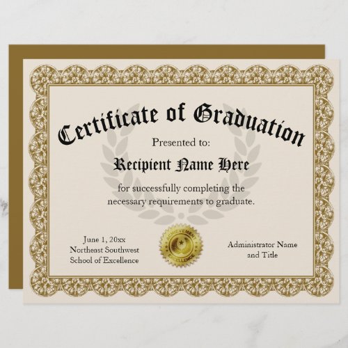 Certificate of Graduation Gold Customizable 85x11