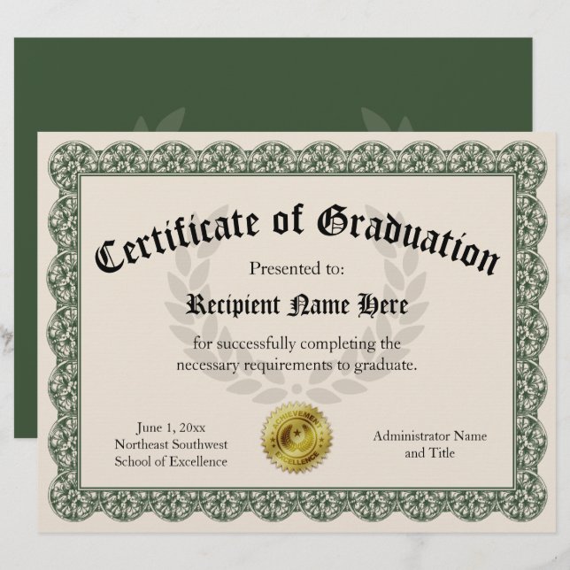 Certificate of Graduation Green Custom 8.5x11 (Front/Back)