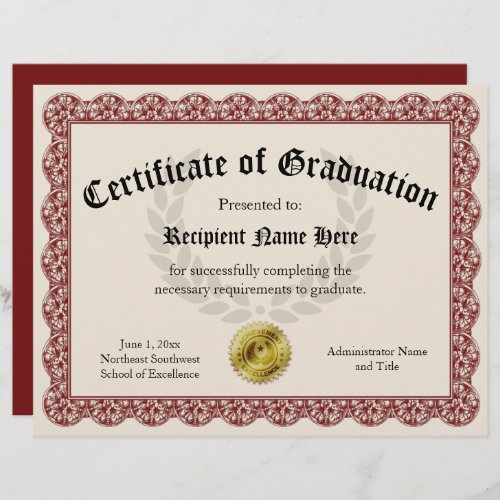 Certificate of Graduation Red Customizable 85x11
