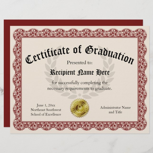 Certificate of Graduation Red Customizable 8.5x11 (Front/Back)