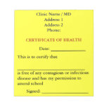 Certificate of Health Notepad (Canary Yellow)