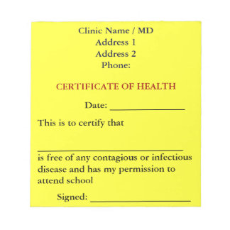 Certificate of Health Notepad (Canary Yellow)