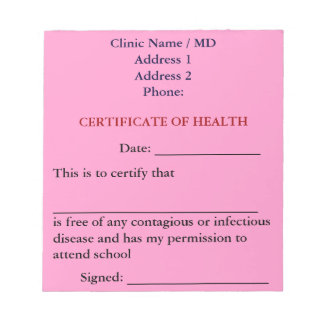 Certificate of Health Notepad (Pink)