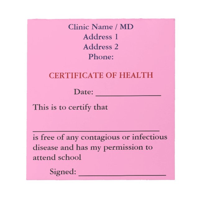 Certificate of Health Notepad (Pink) (Front)