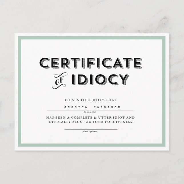 Certificate of Idiocy Apology Postcard // Aqua (Front)
