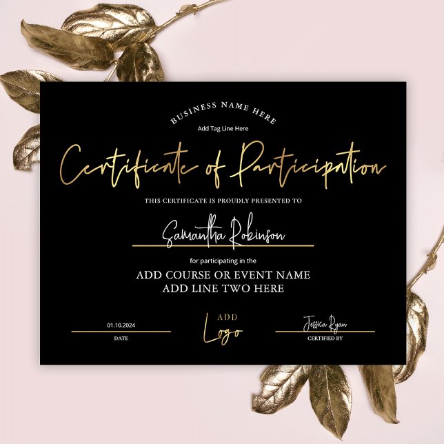 Certificate of Participation Black Gold Logo Award (Elegant black and gold Certificate of Participation with space for your logo and custom text)