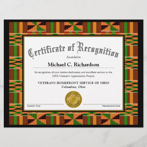 Certificate of Recognition African Kente Cloth K47