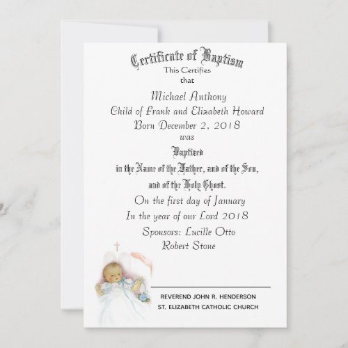 Certificate of Sacrament of Baptism Religious Card