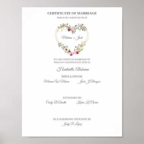 Certificate of Wedding Red  Pink Floral Heart Poster