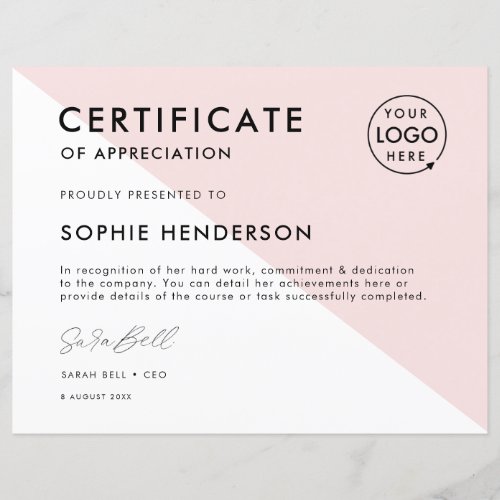 Certificate Pink Professional Logo Award Template