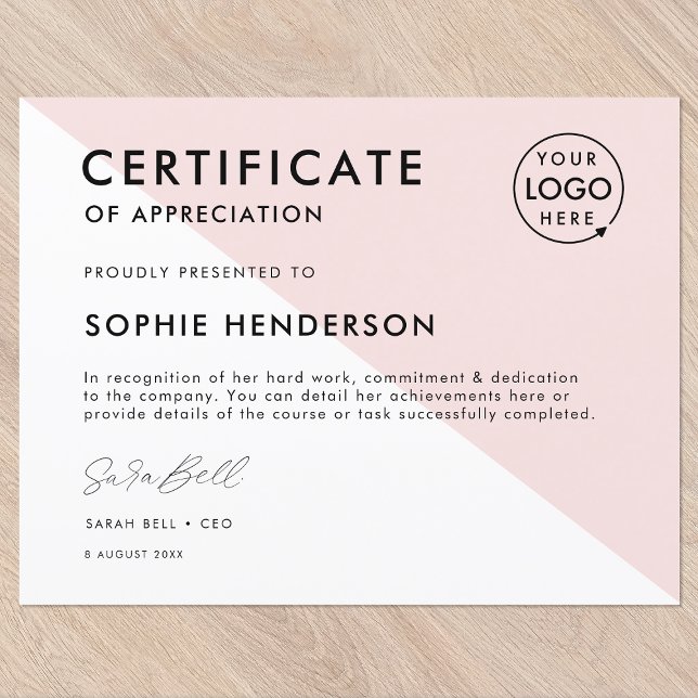 Certificate Pink Professional Logo Award Template (Versatile award certificate template with your company logo for team recognition & appreciation!)