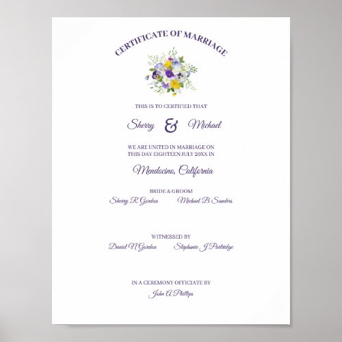 Certificate Simple Floral Roses Pansy Bouquet Poster
