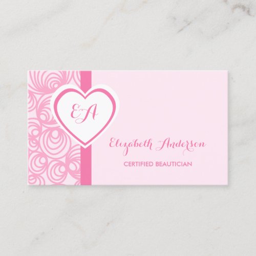 Certified Beautician Girly Pink Heart Monogram Business Card