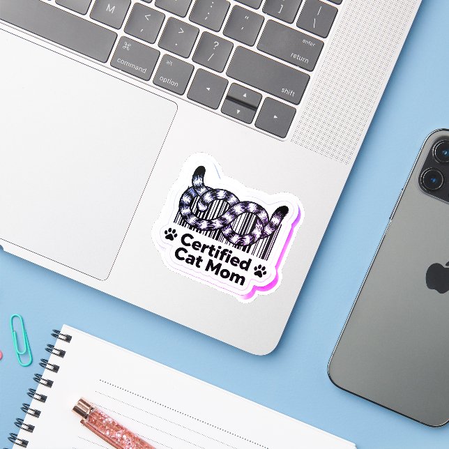 Certified Cat Mom – Minimal Barcode Tails Sticker (Laptop w/ iPhone)