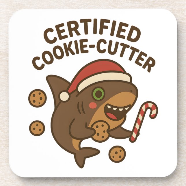 Certified Cookie-Cutter Funny Christmas Shark Pun Beverage Coaster (Front)