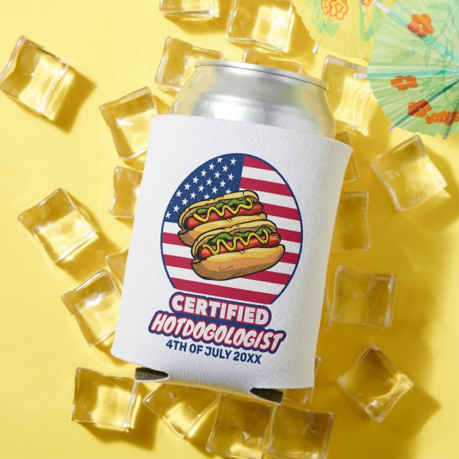 Certified Hotdogologist American Flag Hot Dog Can Cooler (In Situ Summer)