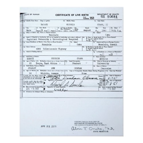 Certified Original Barack Obama Birth Certificate Photo Print