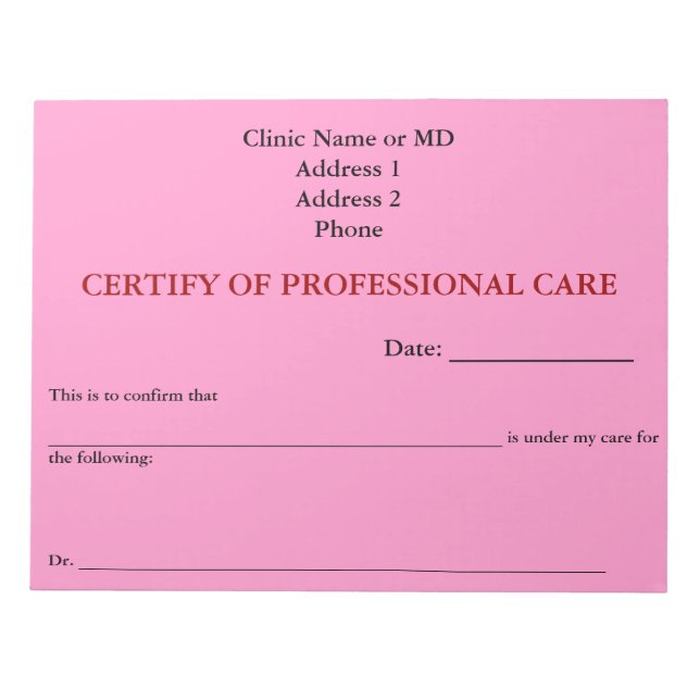 Certify of Professional Care Notepad (Pink) (Front)
