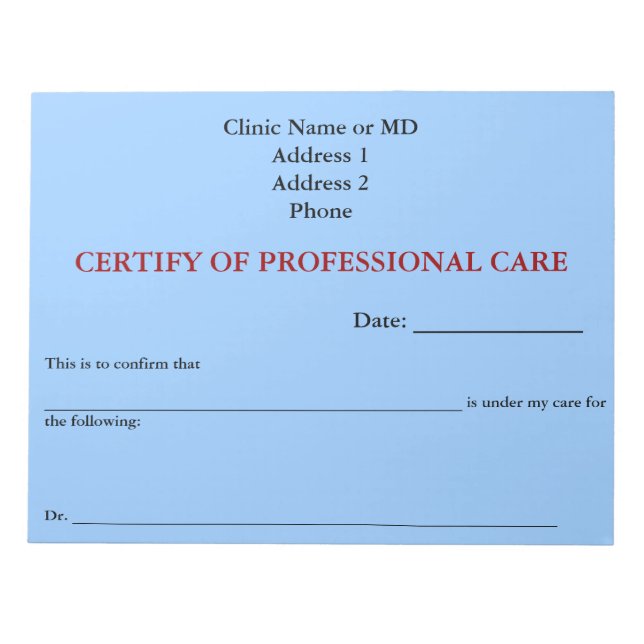 Certify of Professional Care Notepad (Sky Blue) (Front)