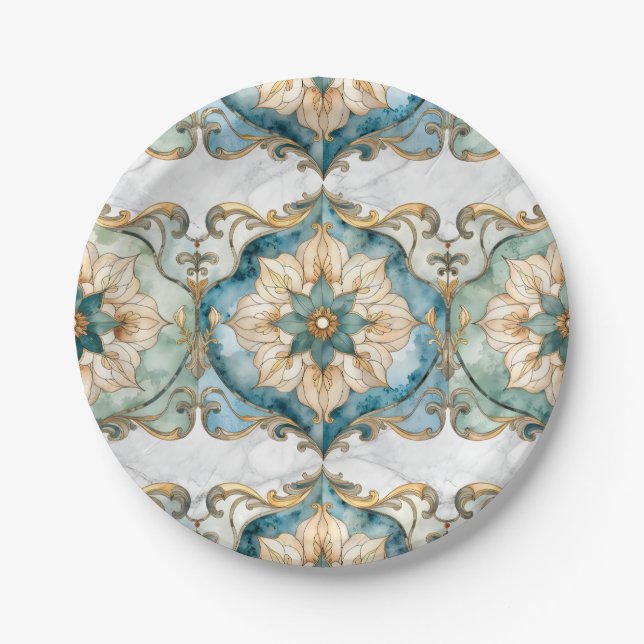Cerulean Bloom Tapestry Party Paper Plates (Front)