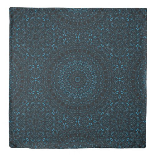 Cerulean Blue and Black Mandala Kaleidoscope Duvet Cover