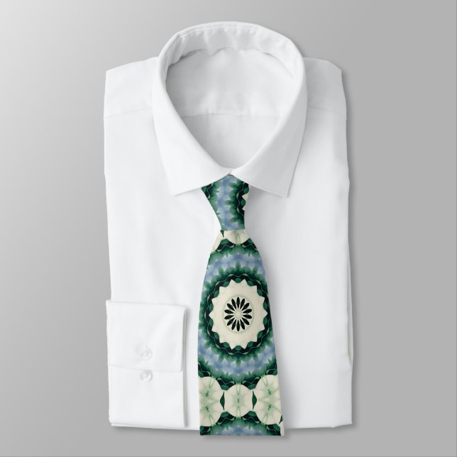 Cerulean Blue and Jungle Green Tiled Pattern Neck Tie (Tied)