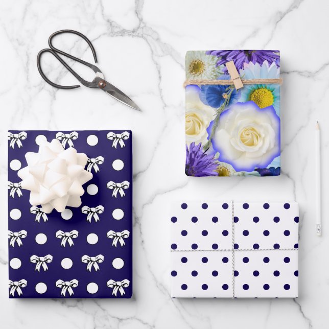 Cerulean Blue and White Polka Dots Flowers Collage Wrapping Paper Sheets (Front)