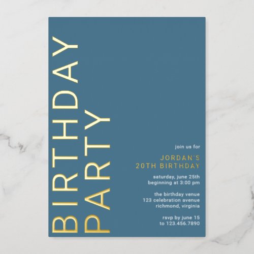 Cerulean Blue Azure  Modern Typography Birthday Foil Invitation