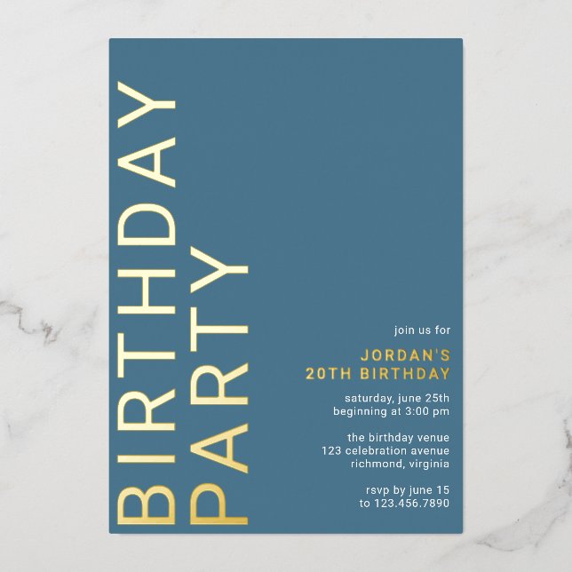 Cerulean Blue Azure | Modern Typography Birthday Foil Invitation (Front)