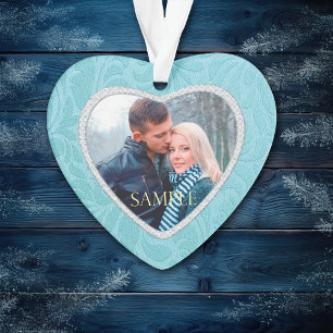 Cerulean Blue Brocade Keepsake Photo Template Ornament