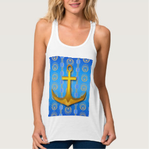 Cerulean Blue Gold Anchor Racerback Tank Top