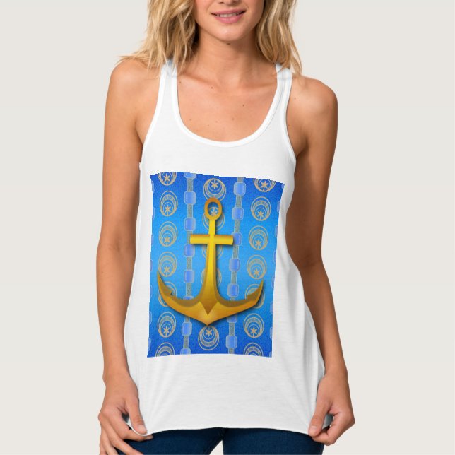 Cerulean Blue Gold Anchor Racerback Tank Top (Front)