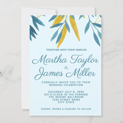 Cerulean Blue Gold Branches Wedding Invitation
