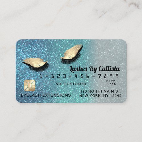 Cerulean Blue Gold Glitter Lashes Credit Card