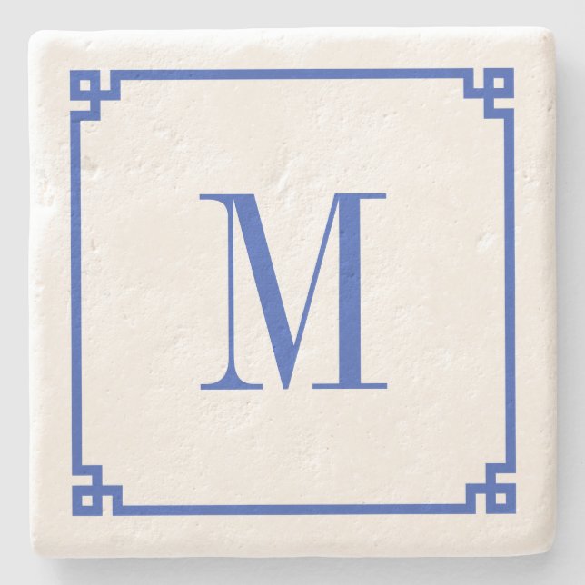 Cerulean Blue Greek Key Border Monogram Stone Coaster (Front)