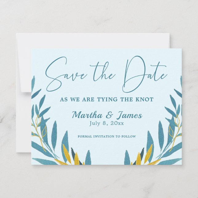 Cerulean Blue Leaves Wedding Save The Date Card (Front)