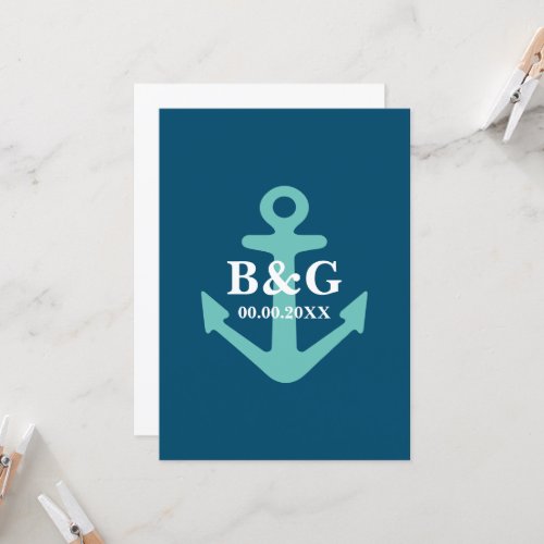 Cerulean blue nautical anchor vertical wedding invitation