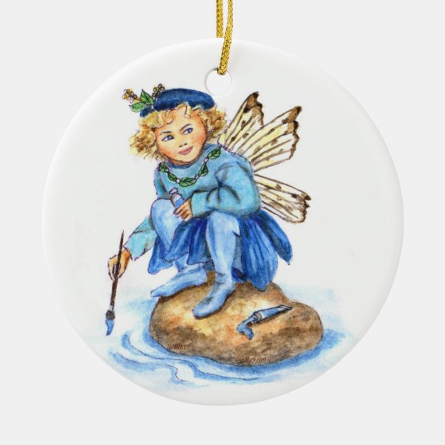 Cerulean Blue Paint Pixie JL Biel Ceramic Ornament (Front)