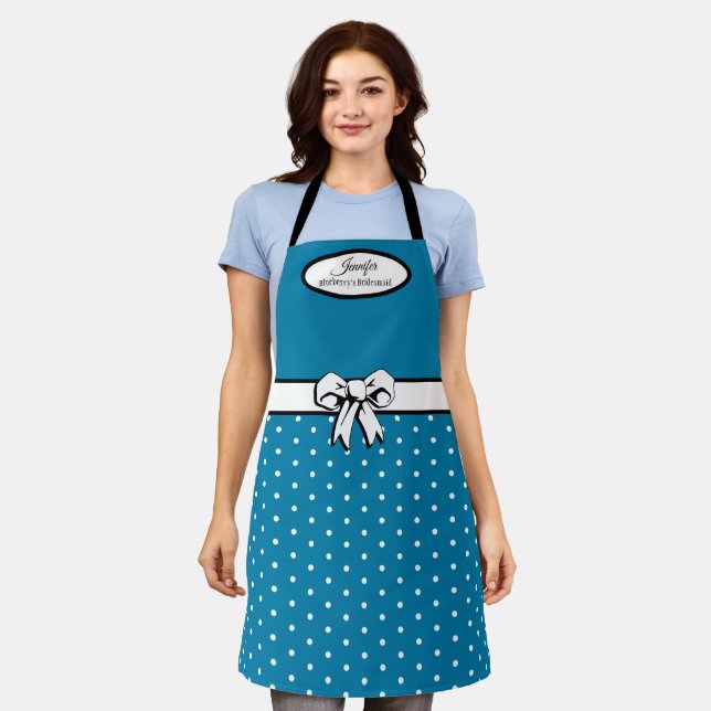 Cerulean Blue Polka Dot White Bow Personalized Apron (Worn)
