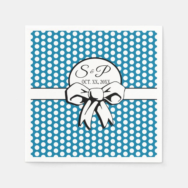 Cerulean Blue Polka Dot White Bow Personalized Napkins (Front)