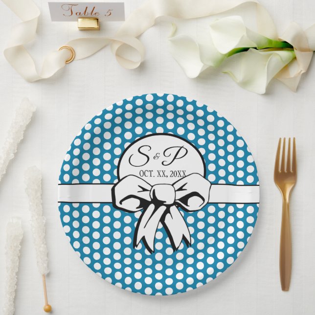 Cerulean Blue Polka Dot White Bow Personalized Paper Plates (Wedding)